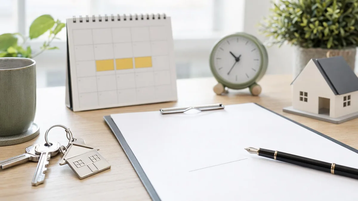 Cooling-off period planning desk with purchase agreement, calendar and house keys