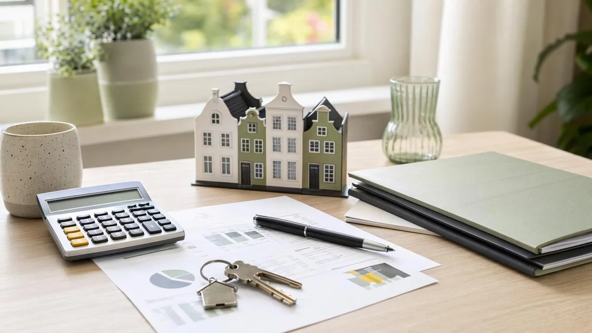 Buyer cost planning desk with calculator, keys and home buying documents in the Netherlands