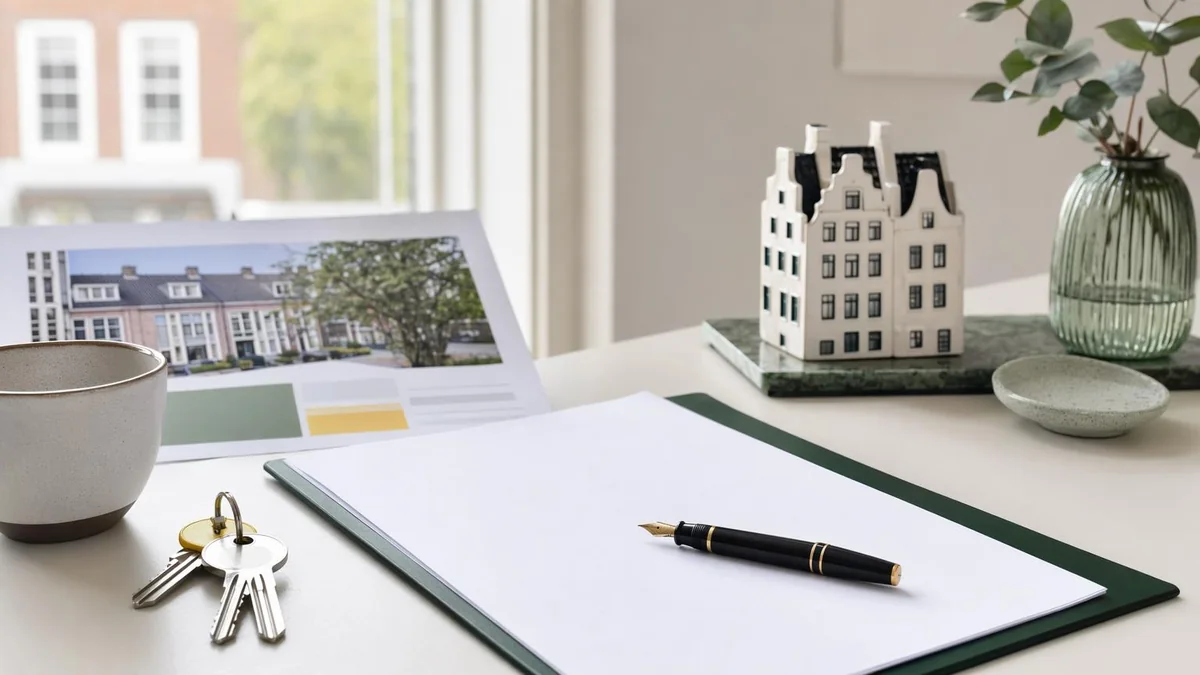 Dutch home offer planning desk with keys, blank offer papers and pen