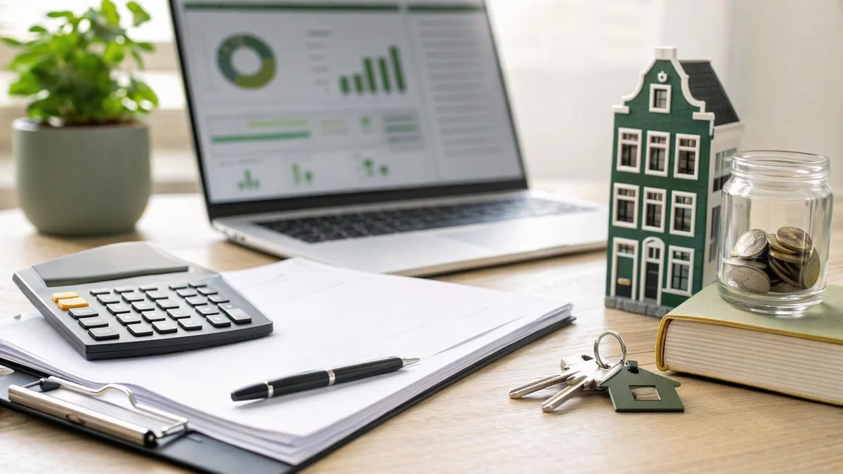 Mortgage readiness desk with laptop, calculator, documents and Dutch house model