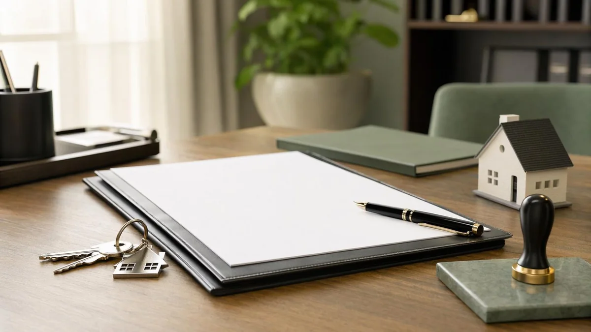 Notary transfer desk with deed folder, pen and house keys for a Dutch home purchase