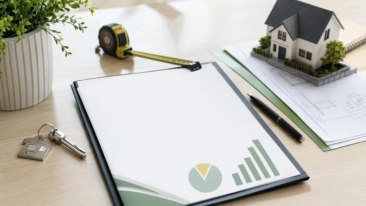 Valuation report desk with property documents, measuring tape and house keys